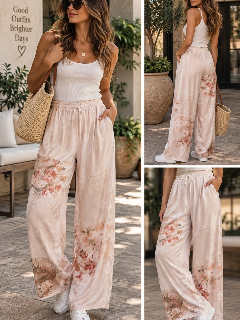 Women's Floral Straight-Leg Pants in Blush, Illusion Of Lace